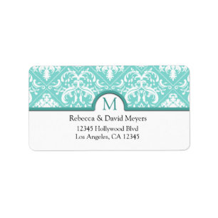 Elegante Aqua Blue & White Damask met Monogram Etiket