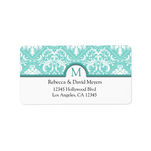 Elegante Aqua Blue & White Damask met Monogram Etiket (Voorkant)