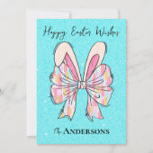 Elegante Aqua Glitter Easter Bunny Ears & Bow Feestdagenkaart (Voorkant)