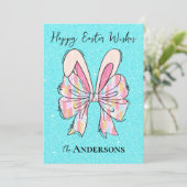 Elegante Aqua Glitter Easter Bunny Ears & Bow Feestdagenkaart (Staand voorkant)