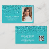 Elegante Aqua Glitter Foto QR Code Visitekaartje (Voorkant / Achterkant)