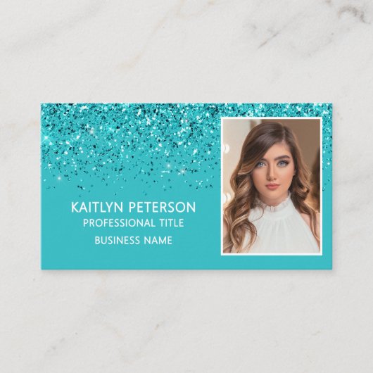 Elegante Aqua Glitter Foto QR Code Visitekaartje (Voorkant)
