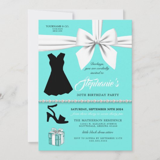 Elegante Aqua Mode Tiffany Verjaardagsuitnodiging Kaart (Voorkant)