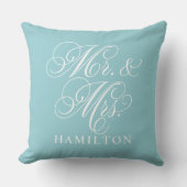 Elegante Aqua Mr en Mrs Scriptie Bruiloft Kussen (Voorkant)