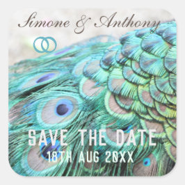 Elegante Aqua Peacock Feathers Save the Date Vierkante Sticker