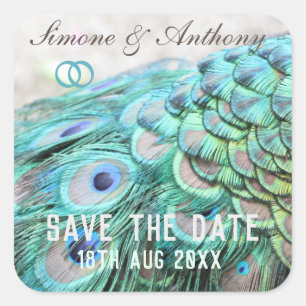 Elegante Aqua Peacock Feathers Save the Date Vierkante Sticker