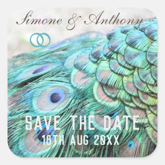 Elegante Aqua Peacock Feathers Save the Date Vierkante Sticker (Voorkant)