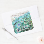 Elegante Aqua Peacock Feathers Save the Date Vierkante Sticker (Envelop)