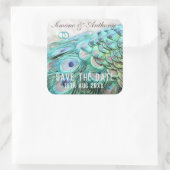 Elegante Aqua Peacock Feathers Save the Date Vierkante Sticker (Tas)