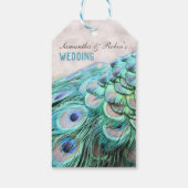 Elegante Aqua Peacock Feathers Trouwgunst Cadeaulabel (Achterkant)