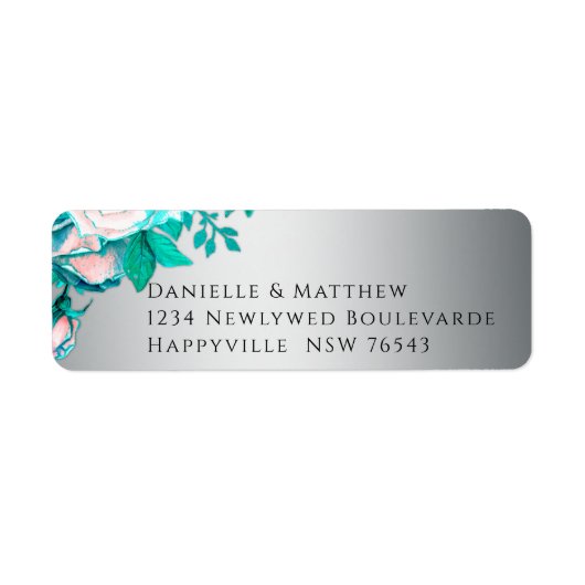 Elegante Aqua Rozen op Zilveren Bruiloft Etiket (Voorkant)