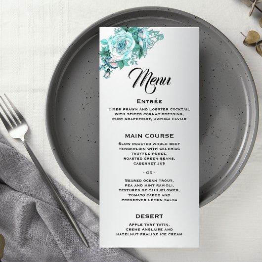 Elegante Aqua Rozen op Zilveren Bruiloft Menu