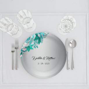 Elegante Aqua Rozen op Zilveren Bruiloft Papieren Bordje