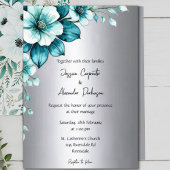 Elegante Aqua Rozen & Silver Script bruiloft Kaart