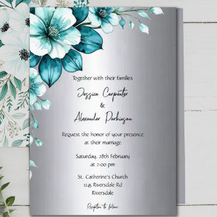 Elegante Aqua Rozen & Silver Script bruiloft Kaart