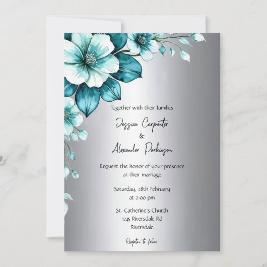 Elegante Aqua Rozen & Silver Script bruiloft Kaart (Voorkant)