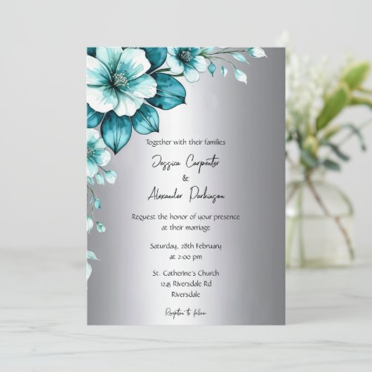 Elegante Aqua Rozen & Silver Script bruiloft Kaart (Staand voorkant)