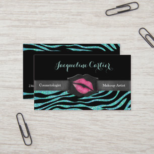 Elegante Aqua Zebra Glitter Kiss Cosmetologist Visitekaartje