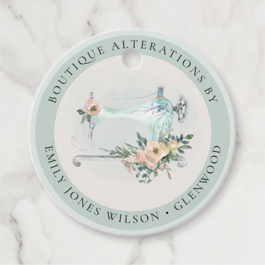 Elegante Aquagrijze Naaimachine Bloemrijke Kleerma Bedankjes Labels (Voorkant)