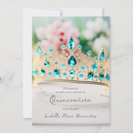 Elegante aquamarijn en gouden tiara quinceañera kaart (Voorkant)