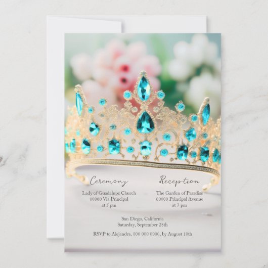 Elegante aquamarijn en gouden tiara quinceañera kaart (Achterkant)
