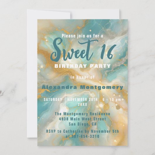 Elegante Aquamarijn Marmer Goud Glitter Sweet 16 Kaart (Voorkant)