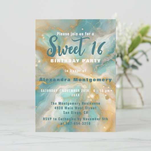 Elegante Aquamarijn Marmer Goud Glitter Sweet 16 Kaart (Staand voorkant)