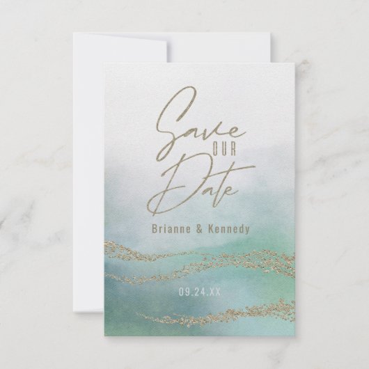 Elegante aquarel aqua oceaaan & goud save the date (Voorkant)