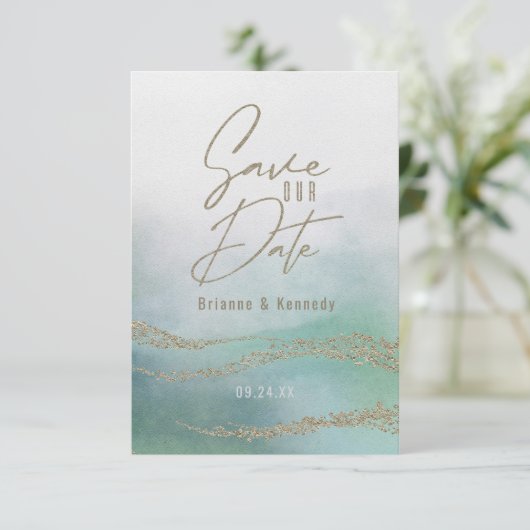 Elegante aquarel aqua oceaaan & goud save the date (Staand voorkant)