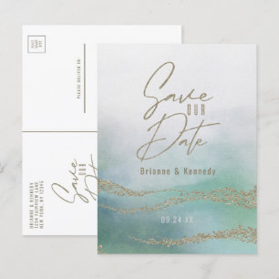 Elegante Aquarel Aqua Oceaan & Goud Save the Date Aankondigingskaart