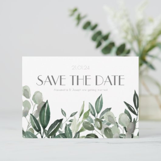 Elegante aquarel blad botanicals jager groen s save the date (Staand voorkant)