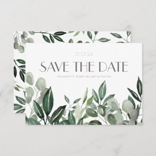 Elegante aquarel blad botanicals jager groen s save the date (Voorkant / Achterkant)