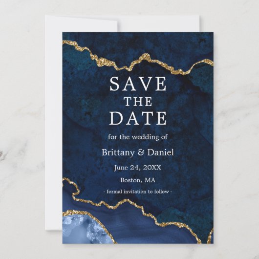 Elegante aquarel blauwe goud marmer agaat geode save the date (Voorkant)