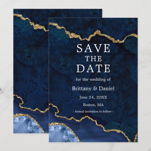 Elegante aquarel blauwe goud marmer agaat geode save the date (Voorkant / Achterkant)