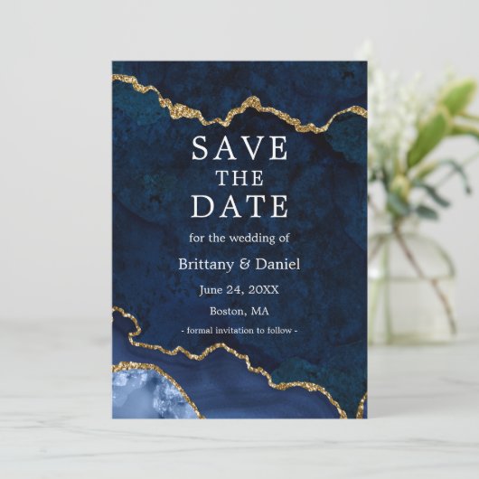 Elegante Aquarel Blauwe Goud Marmer Agate Geode Save The Date (Staand voorkant)