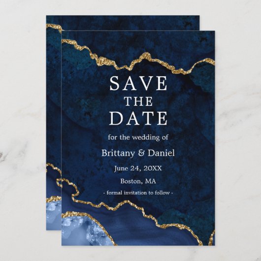 Elegante Aquarel Blauwe Goud Marmer Agate Geode Save The Date (Voorkant / Achterkant)