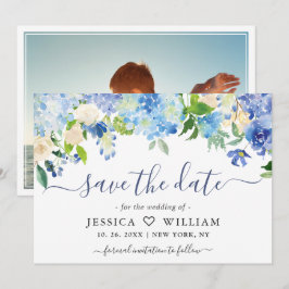 Elegante Aquarel Blauwe Hortensia FOTO Bruiloft Save The Date