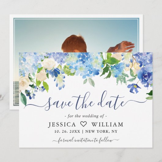 Elegante Aquarel Blauwe Hortensia FOTO Bruiloft Save The Date (Voorkant / Achterkant)