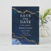 Elegante Aquarel Blauwe Marmer Agate Geode Foto Save The Date (Staand voorkant)