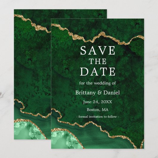Elegante Aquarel Groen Goud Marmer Agate Geode Save The Date (Voorkant / Achterkant)