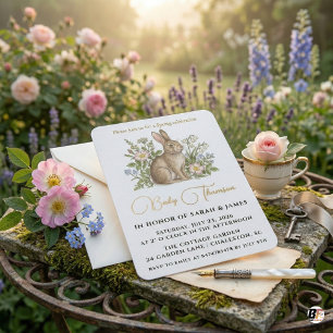 Elegante Aquarel Konijn en Wilde Bloementuin Baby Kaart