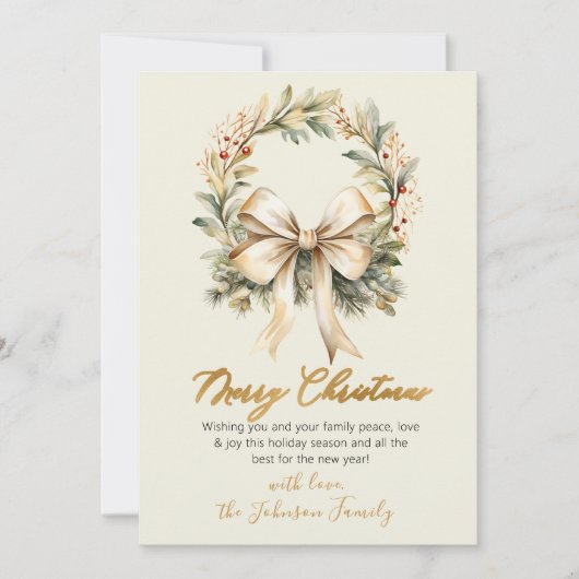 Elegante aquarel krans gouden strik vrolijk kerstf feestdagenkaart (Voorkant)