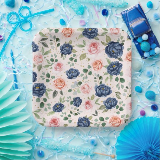 Elegante Aquarel Navy Koraal Bloem Papieren Bordje (Feest)