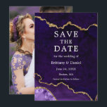 Elegante Aquarel Paarse Marmer Agaat Geode Foto Save The Date<br><div class="desc">Moderne Elegante Aquarel Paarse en Gouden Marmer Agaat Geode Save The Date Kaart - Foto Achterkant</div>