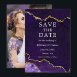 Elegante Aquarel Paarse Marmer Agate Geode Foto Save The Date<br><div class="desc">Moderne Elegante Aquarel Paarse en Gouden Marmer Agate Geode Save The Date Kaart - Foto Achterkant</div>