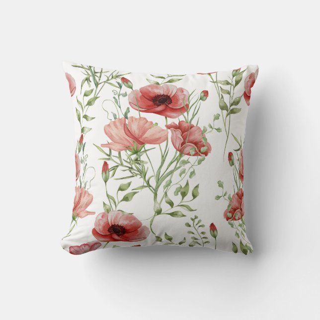 Elegante Aquarel Rode Klaprozen Botanisch  Kussen (Voorkant)