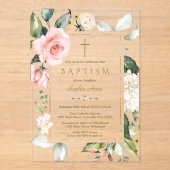 Elegante aquarel Roze Crème Bloemen Doop Acryl Uitnodigingen (Voorkant)
