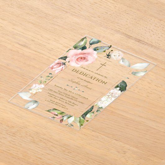 Elegante aquarel roze crème bloemen toewijding acryl uitnodigingen (Laagn)