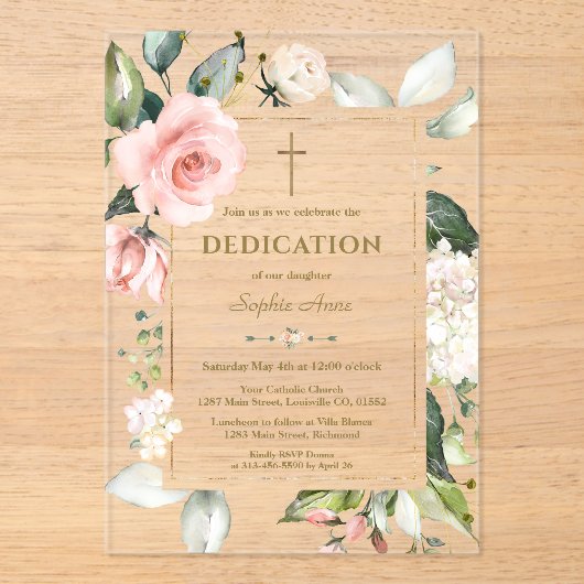 Elegante aquarel roze crème bloemen toewijding acryl uitnodigingen (Voorkant)