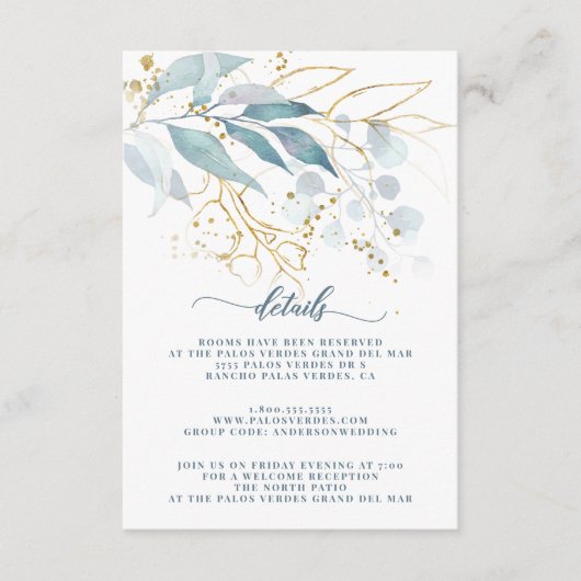 Elegante aquarel stoffig blauwe gouden bloemdetail informatiekaartje (Voorkant)